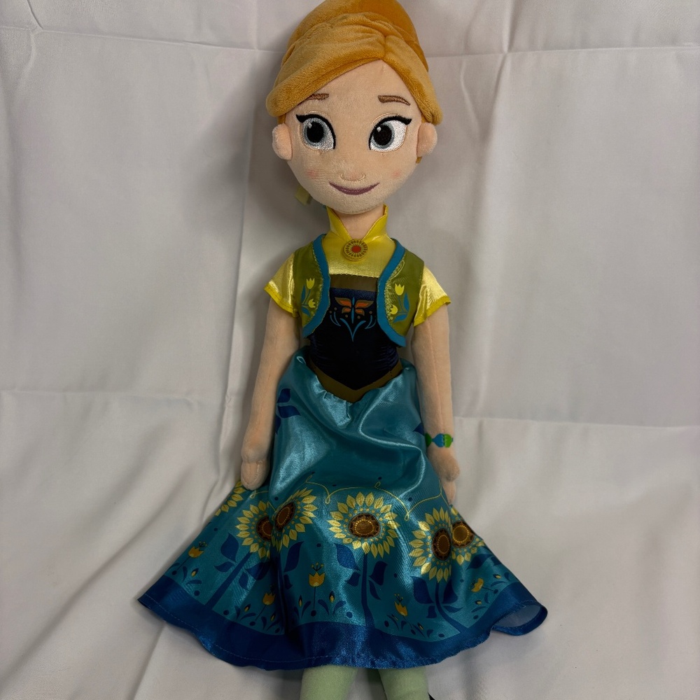 Disney Store Princess Anna Elsa 22” Doll Plush Rag Frozen Fever Sunflower Dress